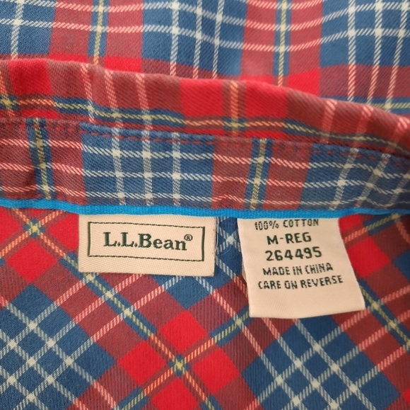 L.L. Bean Red White & Blue Button Down Plaid Roll Tab Sleeve Shirt Size Medium - Picture 8 of 9